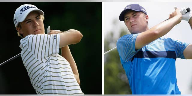 FILE - At left, in a May 20, 2010, file photo, Jordan Spieth, 16, a junior at Jesuit College Preparatory School in Dallas, watches his shot off the 12th tee during the first round of the Byron Nelson golf tournament in Irving, Texas. At right, in a May 28, 2015, file photo, Jordan Spieth watches his tee shot on the third hole during the first round of the Byron Nelson golf tournament, in Irving, Texas. Spieth is back home, at the tournament he and his father have hopped a fence to watch and at the TPC course where as a 16-year-old he played his first PGA Tour event. (AP Photo/File)