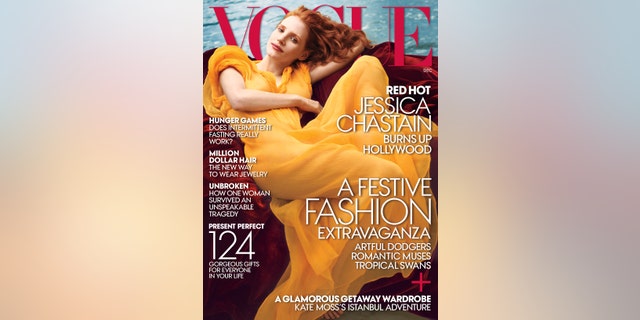 This image released by Vogue shows actress Jessica Chastain on the December cover of Vogue magazine. (AP Photo/Vogue)