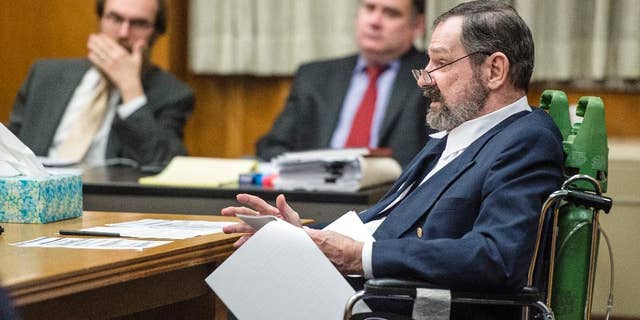 Frazier Glenn Miller Jr., right, asks questions before the jury is brought in during the penalty phase of his murder trial, Tuesday, Sept. 1, 2015, at the Johnson County Courthouse in Olathe, Kan. Jurors, who convicted the white supremacist on Monday of killing three people at Jewish sites in suburban Kansas City in August 2014, will begin hearing more evidence Tuesday before deciding whether to recommend a death sentence. (Allison Long/The Kansas City Star via AP, Pool)