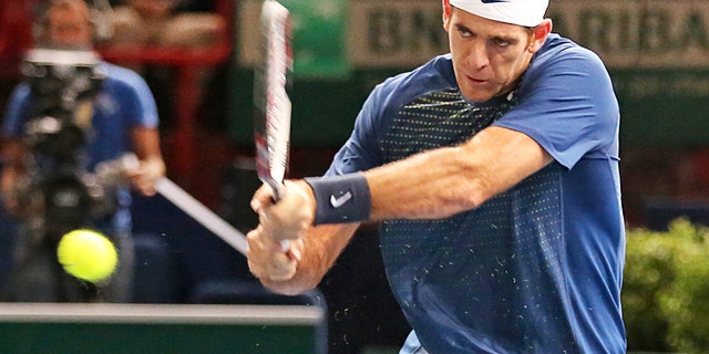Argentina's Juan Martin Del Potro returns the ball to Croatian player Marin Cilic, during their second round match, at the Paris Masters tennis, in the Paris Bercy stadium, Wednesday Oct. 30, 2013.(AP Photo/Remy de la Mauviniere)