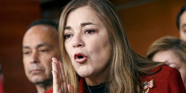 FILE - In this Feb. 13, 2015 file photo, Rep. Loretta Sanchez, D-Calif., responds to questions at a news conference on Capitol Hill in Washington. California Attorney General Kamala Harris would love to oust her strongest rival, fellow Democrat Sanchez, in the primary for Californiaâs open U.S. Senate seat, but itâs more likely the two will face off again in November. With time running short before the June 7 primary, it appears the two Democrats will be the top vote-getters, presenting a reminder of the waning influence of Republicans in the nation's most populous state. (AP Photo/J. Scott Applewhite, File)