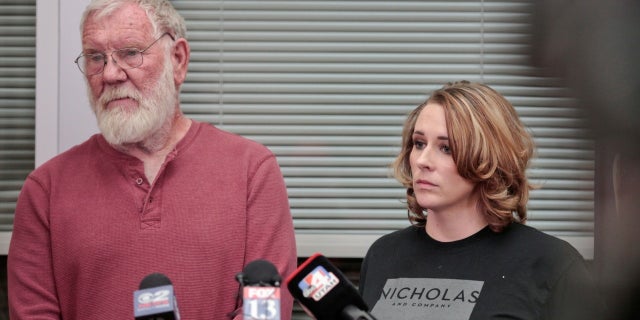 Bill Powell, Riley Powell’s adoptive father, and Amanda Hunt, aunt of Breezy Otteson, listen to questions during a press conference on March 29.