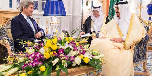 May 15, 2016: Saudi Arabia King Salman bin Abdul Aziz, right, meets with U.S. Secretary of State John Kerry in Jiddah, Saudi Arabia. (Saudi Press Agency via AP)