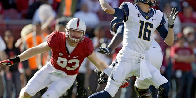 California quarterback Jared Goff (16) throws under pressure from Stanford linebacker Trent Murphy (93) during the first half of an NCAA college football game in Stanford, Calif., Saturday, Nov. 23, 2013. (AP Photo/Tony Avelar)