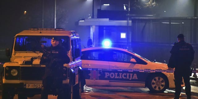Police block off the area around the U.S. Embassy in Montenegro’s capital Podgorica, Thursday, Feb. 22, 2018.