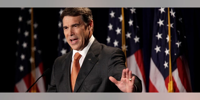 AUG. 13: Texas Gov. Rick Perry speaks during his announcement that he will run for the Republican presidential nomination in Charleston, South Carolina. (Photo by Richard Ellis/Getty Images)