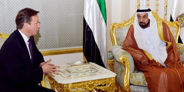Nov. 6, 2012: British Prime Minister David Cameron, left, meets with President of the UAE, Sheikh Khalifa bin Zayed at al Nahyan at Al Rawda Palace in the city of al Ain in Abu Dhabi, United Arab Emirates.