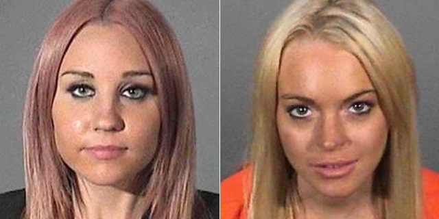 Mug shots of Amanda Bynes, left, and Lindsay Lohan, right.