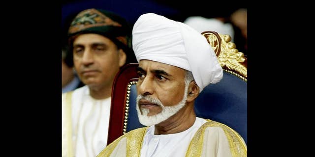 FILE - In this Saturday, Dec. 21, 2002 file photo, Sultan Qaboos bin Said of Oman attends the 23rd session of the Gulf Cooperation Council Summit in Doha, Qatar. Oman's state TV has aired images of the country's ailing 74-year-old ruler returning after several months of treatment in Germany. (AP Photo/Kevork Djansezian, File)