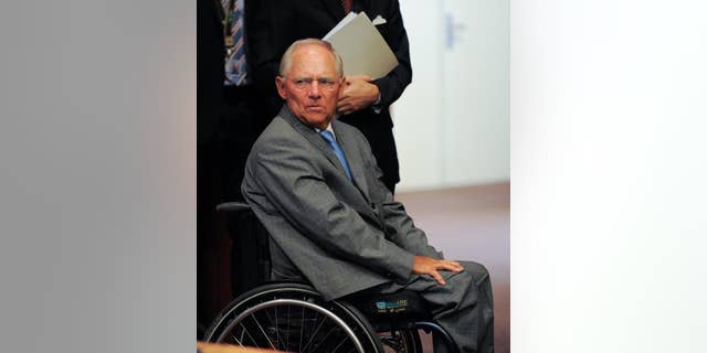 German Finance Minister Wolfgang Schaeuble during a meeting of eurozone finance ministers at the EU Council building in Brussels on Friday, Aug. 14, 2015. (AP Photo/Laurent Dubrule)