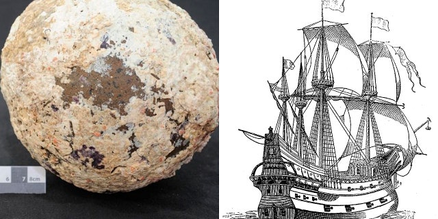 The cannonball believed to be from the wreck of the Spanish Galleon "San Francisco" (Ian McCann) and an illustration of a galleon (iStock/nicoolay)