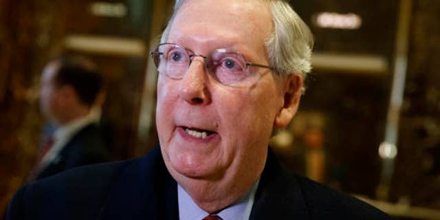Senate Majority Leader Mitch McConnell of Ky. talks with reporters at Trump Tower in New York, Monday, Jan. 9, 2017, after meeting with President-elect Donald Trump. (AP Photo/Evan Vucci)
