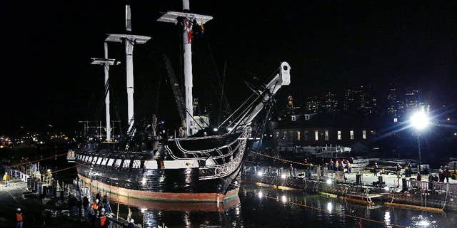 The USS Constitution guided into a dry dock in Boston, in 2015.