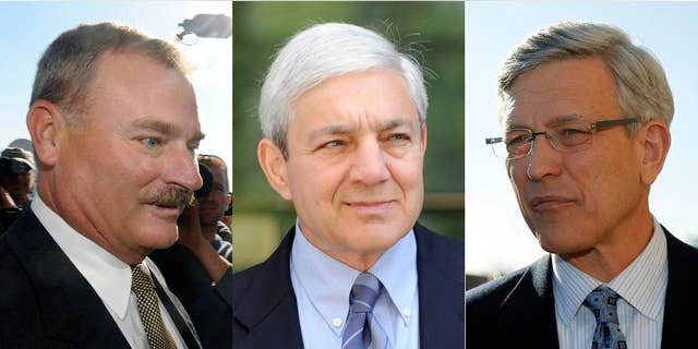FILE - This combination of 2011 and 2013 photo shows, from left, former Penn State vice president Gary Schultz, former Penn State president Graham Spanier, and former Penn State director of athletics Tim Curley in Harrisburg, Pa. A Pennsylvania appeals court said Wednesday, March 30, 2016, it won't reconsider a recent decision throwing out some of the most serious criminal charges against three former Penn State administrators related to their handling of the Jerry Sandusky child molestation scandal. (AP Photo/Brad Bower, Matt Rourke)