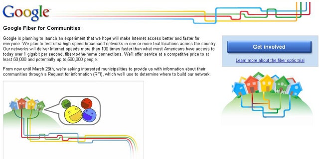 A screen capture of Google's Fiber for Communities Web site, where the company hopes to select areas for its new network.