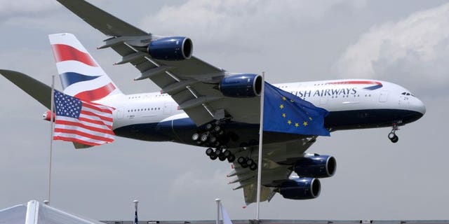 A British Airways Airbus A380 lands after a display at Le Bourget airpor, near Paris.