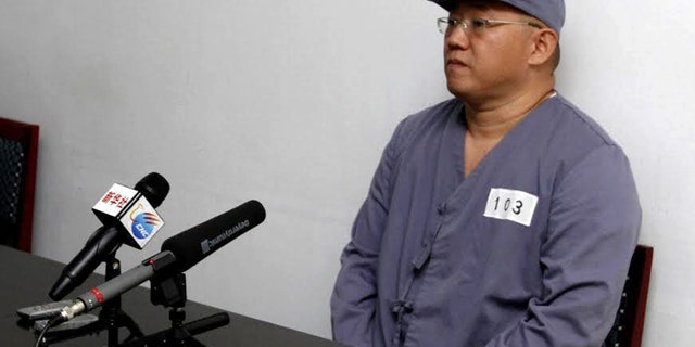 American missionary Kenneth Bae speaks to reporters at Pyongyang Friendship Hospital in Pyongyang Monday, Jan. 20, 2014. Bae, 45, who has been jailed in North Korea for more than a year, appealed for the U.S. to do its best to secure his release. (AP Photo/Kim Kwang Hyon)