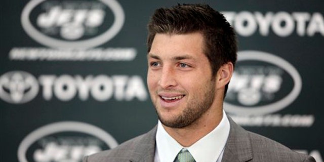 March 26, 2012: Tim Tebow holds his first news conference with the New York Jets, in Florham Park, N.J.