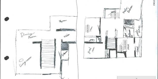 This diagram taken from U.S. Naval Criminal Investigative Service report, is of a drawing by Cpl. Aaron C. Masa during his interrogation showing the floor plan of the home, using X’s and O’s to show where the abuse occurred. A military judge convicted Masa of sexual abuse of a child and production of child pornography, according to court records and other documents detailing the case. Under the terms of a pretrial agreement, he agreed to plead guilty and received 30 years in prison. (U.S. Naval Criminal Investigative Service via AP)