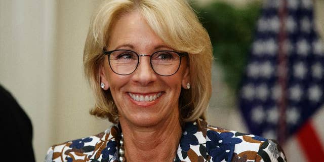 Education Secretary Betsy DeVos speaks during a school choice event in the Roosevelt Room of the White House in Washington, Wednesday, May 3, 2017. (AP Photo/Evan Vucci)