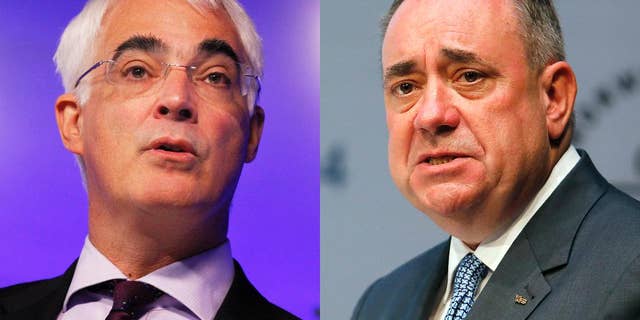 This combination of 2010 and 2014 photos shows British Chancellor Alistair Darling and Scotland's First Minister Alex Salmond. On Monday, Aug. 25, 2014, Scotland's pro-independence First Minister Salmond and Darling, leader of the "No" campaign, will take part in the last televised debate between the political leaders before the Sept. 18, 2014 referendum. (AP Photo/Sang Tan, Frank Augstein)