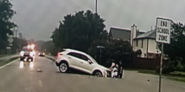 Flash flood warnings were in effect over the weekend in the Dallas-Fort Worth area. In this photo an SUV was swept off the road in Arlington, Texas.