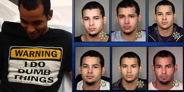Roshawn Garrett following latest arrest on left, previous jail booking photos on right.