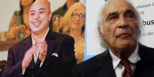 FILE - In this April 10, 2014 file photo, Tony Serra, right, an attorney for Raymond "Shrimp Boy" Chow, pictured at left, listens to speakers at a news conference in San Francisco. Chow, a dapper former San Francisco gang leader who portrayed himself as a reformed criminal, was the focus of a lengthy organized crime investigation in Chinatown that ended up snaring a corrupt California senator and more than two dozen others. Closing arguments are expected Monday, Jan. 4, 2016, in the racketeering and murder case against Chow. (AP Photo/Jeff Chiu, File)