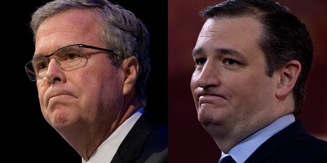 Left: Former Florida Gov. Jeb Bush. (AP Photo/Paul Sancya, File) Right: Sen. Ted Cruz, R-Texas pauses as he speaks during the Conservative Political Action Conference (CPAC) in National Harbor, Md., Thursday, Feb. 26, 2015. (AP Photo/Carolyn Kaster)