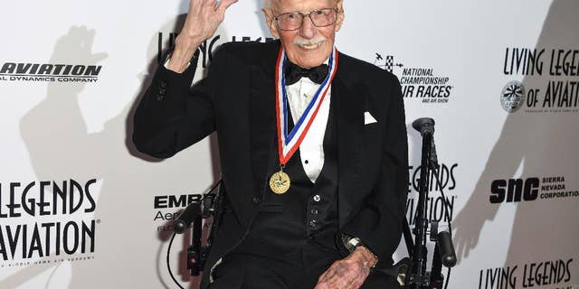FILE - In this Jan. 16, 2015, file photo, Bob Hoover attends the 12th annual Living Legends of Aviation Awards at The Beverly Hilton Hotel in Beverly Hills, Calif. Robert A. "Bob" Hoover, a World War II fighter pilot who became an aviation legend for his skills in testing aircraft and demonstrating their capabilities in air shows, has died at age 94. Bill Fanning, a close family friend and a fellow pilot, says Hoover died early Tuesday, Oct. 25, 2016, in Southern California. (Photo by Rob Latour/Invision/AP, File)