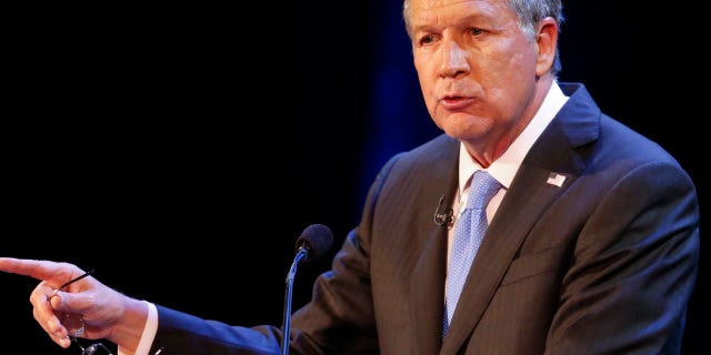 FILE - In this April 4, 2017 file photo, Ohio Gov. John Kasich speaks in Sandusky, Ohio. Kasich is joining friend and ex-California Gov. Arnold Schwarzenegger in his effort to overhaul partisan political map-making that's helped fuel their Republican party's rise to power. Kasich said Tuesday, Sept. 5, 2017, he's signed a legal brief that opposes the GOP in the momentous redistricting case being heard by the U.S. Supreme Court this fall. He says other signers include Republicans John McCain and Bob Dole. (AP Photo/Ron Schwane, File)