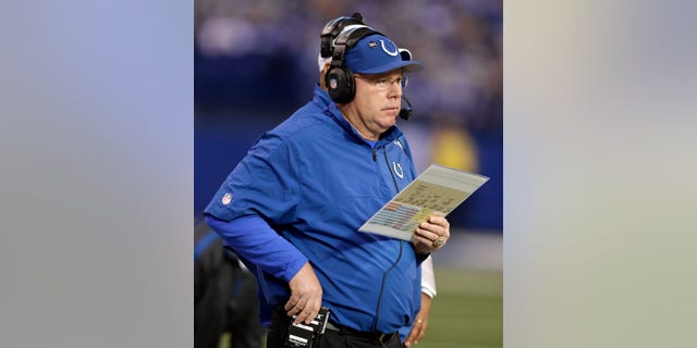 FILE -In this Sunday, Dec. 30, 2012 file photo, Indianapolis Colts offensive coordinator Bruce Arians watches during the first half of an NFL football game against the Houston Texans, in Indianapolis. Arians has been hospitalized with an illness Sunday, Jan. 6, 2012. (AP Photo/Darron Cummings, File)