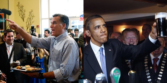 Mitt Romney stops at Tin Fish restaurant in Port St. Lucie, Fla. on Oct. 7 and President Obama in a pub in Moneygall, Ireland on May 23, 2011.