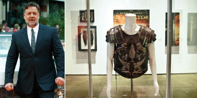 One of the costumes (right) from the film Gladiator owned by actor Russell Crowe (left) on display for the 'Russell Crowe: The Art of Divorce Auction' at Carriageworks, Sydney, Australia, on Saturday.