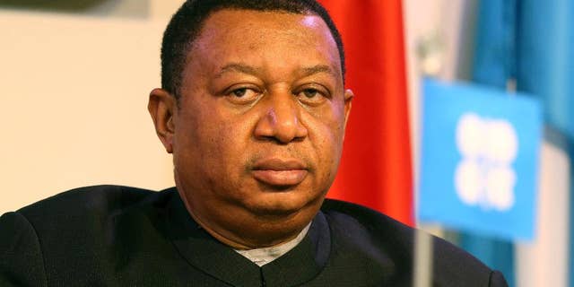 FILE- In this Nov. 30, 2016 file photo, Mohammad Barkindo, OPEC Secretary-General gives a news conference at their headquarters in Vienna, Austria. Barkindo said Wednesday, April 19, 2017, that oil producers are seeking sustainable stability in crude markets as they consider whether to extend output curbs. Members of the Organization of the Petroleum Exporting Countries and 11 non-OPEC producers last year agreed to take a combined 1.8 million barrels of oil off the market per day through the first half of this year in an effort to boost prices. (AP Photo/Ronald Zak, File)