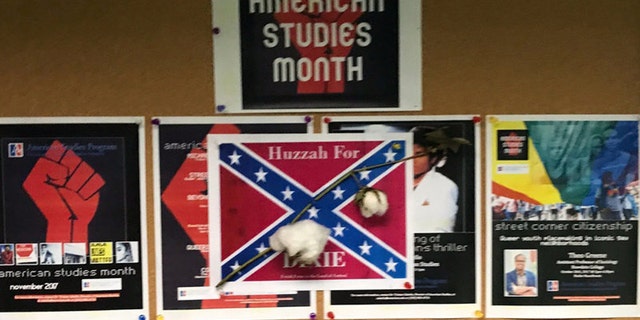 Someone placed Confederate flag posters with cotton on the campus of American University.