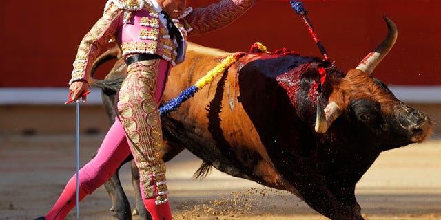 Spanish bullfighter Diego Urdiales makes a pass to Penajara ranch bull during the first bullfight of the San Fermin fiestas on Wednesday, July 7, 2010, in Pamplona, Spain. (AP Photo/Victor R. Caivano)