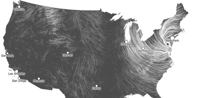 This wind maps shows the spiral of post-tropical storm Sandy's winds at 9:59 p.m. EDT on Tuesday, Oct. 29.