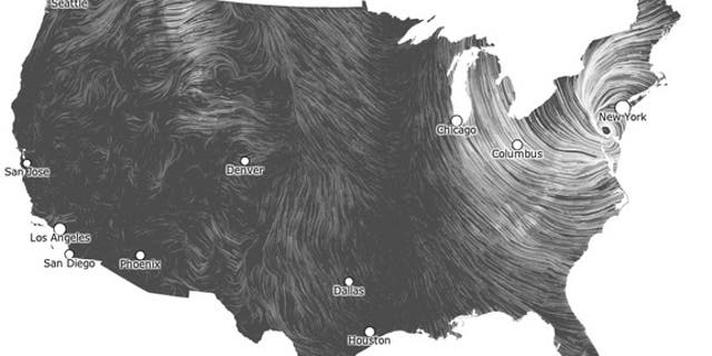 This wind maps shows the spiral of post-tropical storm Sandy's winds at 9:59 p.m. EDT on Tuesday, Oct. 29.