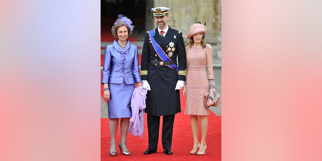 Spain's Queen Sofia, Crown Prince Felipe and Princess Letizia arrive at Westminster Abbey before the wedding of Britain's Prince William and Kate Middleton, in central London April 29, 2011.