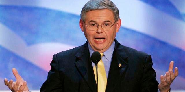 Rep. Robert Menendez, D-N.J., speaks to delegates at the Democratic National Convention on Monday, July 26, 2004, in Boston. (AP Photo/Ron Edmonds)