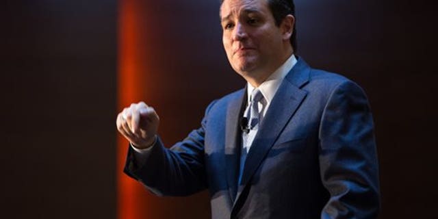 U.S. Sen. Ted Cruz (R-Texas) speaks Friday, Oct. 25, 2013, during the Republican Party of Iowa's Reagan Dinner at the Iowa Events Center in Des Moines, Iowa. (AP Photo/Scott Morgan)