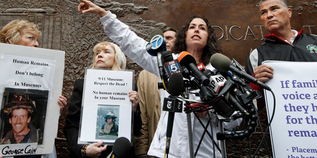 May 8, 2014: Rosaleen Tallon, sister of firefighter Sean Tallon, killed in the 9-11 World Trade Center attacks and other 9-11 victims' family members hold a press conference in front of a fire station opposite the National September 11 Memorial & Museum in New York.