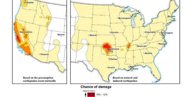 This image provided by the U.S. Geological Survey (USGS) shows the USGS forecast for damage from natural and induced earthquakes in the U.S. in 2016. Federal scientists say the chance of damaging earthquakes hitting east of the Rockies has increased significantly, much of it man-made as byproduct of drilling for energy. Oklahoma now has the nation’s highest with a 1 in 8 chance of damaging ground shaking in 2016, passing California. (U.S. Geological Survey via AP)