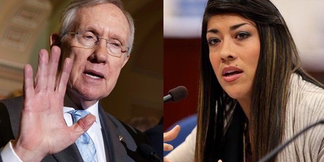 Left: Senate Majority Leader Harry Reid of Nev., speaks to reporters on Capitol Hill, Tuesday, July 15, 2014 (AP Photo/J. Scott Applewhite); Right: Nevada assemblywoman Lucy Flores (AP Photo).
