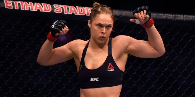 MELBOURNE, AUSTRALIA - NOVEMBER 15: Ronda Rousey waits in her corner before facing Holly Holm in their women's bantamweight championship bout during the UFC 193 event at Etihad Stadium on November 15, 2015 in Melbourne, Australia. (Photo by Jeff Bottari/Zuffa LLC/Zuffa LLC via Getty Images)