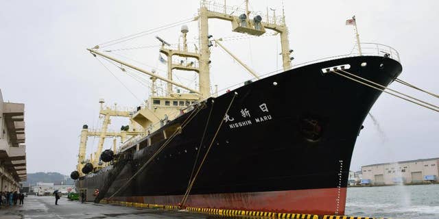 Japanese whaling vessel Nisshin Maru is anchored in Shimonoseki, western Japan, Friday, March 31, 2017. (Souichiro Tanaka/Kyodo News via AP)