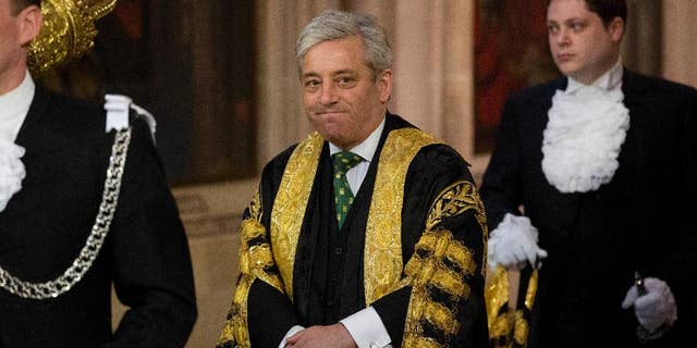 FILE - A Wednesday, June 4, 2014 file photo of Britain's Speaker of the House of Commons John Bercow as he walks through Central Lobby before Britain's Queen Elizabeth II delivered the Queen's Speech at the State Opening of Parliament at the Palace of Westminster in London. The Speaker of Britain's House of Commons says he strongly opposes letting U.S. President Donald Trump address Parliament during a state visit to the U.K. John Bercow said Monday, Feb. 6, 2017, that he would have opposed the invitation even before Trump's temporary ban on citizens of seven majority-Muslim nations from entering the U.S. (AP Photo/Matt Dunham, Pool, File)