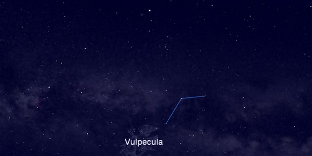 This night sky map shows the location of the constellation Vulpecula, the Little Fox, home to Brocchi's Cluster, a star cluster visible in binoculars and small telescopes. The constellation is visible in the east-southeast night sky between sta
