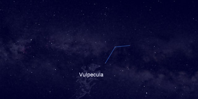 This night sky map shows the location of the constellation Vulpecula, the Little Fox, home to Brocchi's Cluster, a star cluster visible in binoculars and small telescopes. The constellation is visible in the east-southeast night sky between sta
